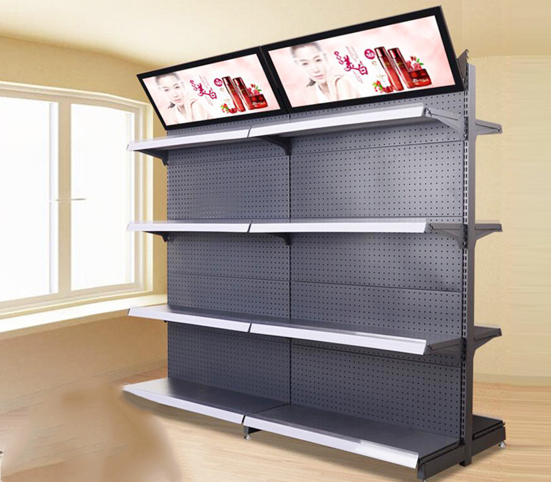 China Customized Size Metal Supermarket Display Shelving With Advertising Board